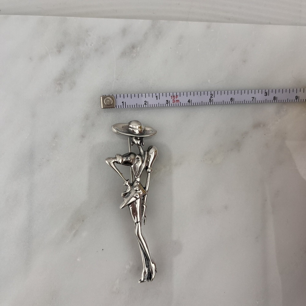 Sterling Silver 80s Diva Woman Big Hat Puff Sleeves Skirt Suit Heels Brooch Pin - Picture 5 of 6